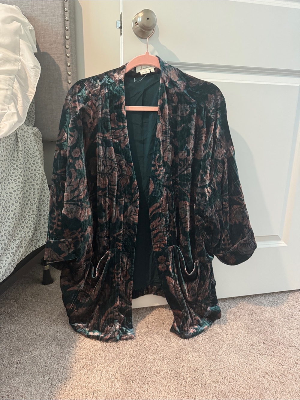 Anthropologie Velvet Floral Open-Front Tunic - Dark Green & Brown